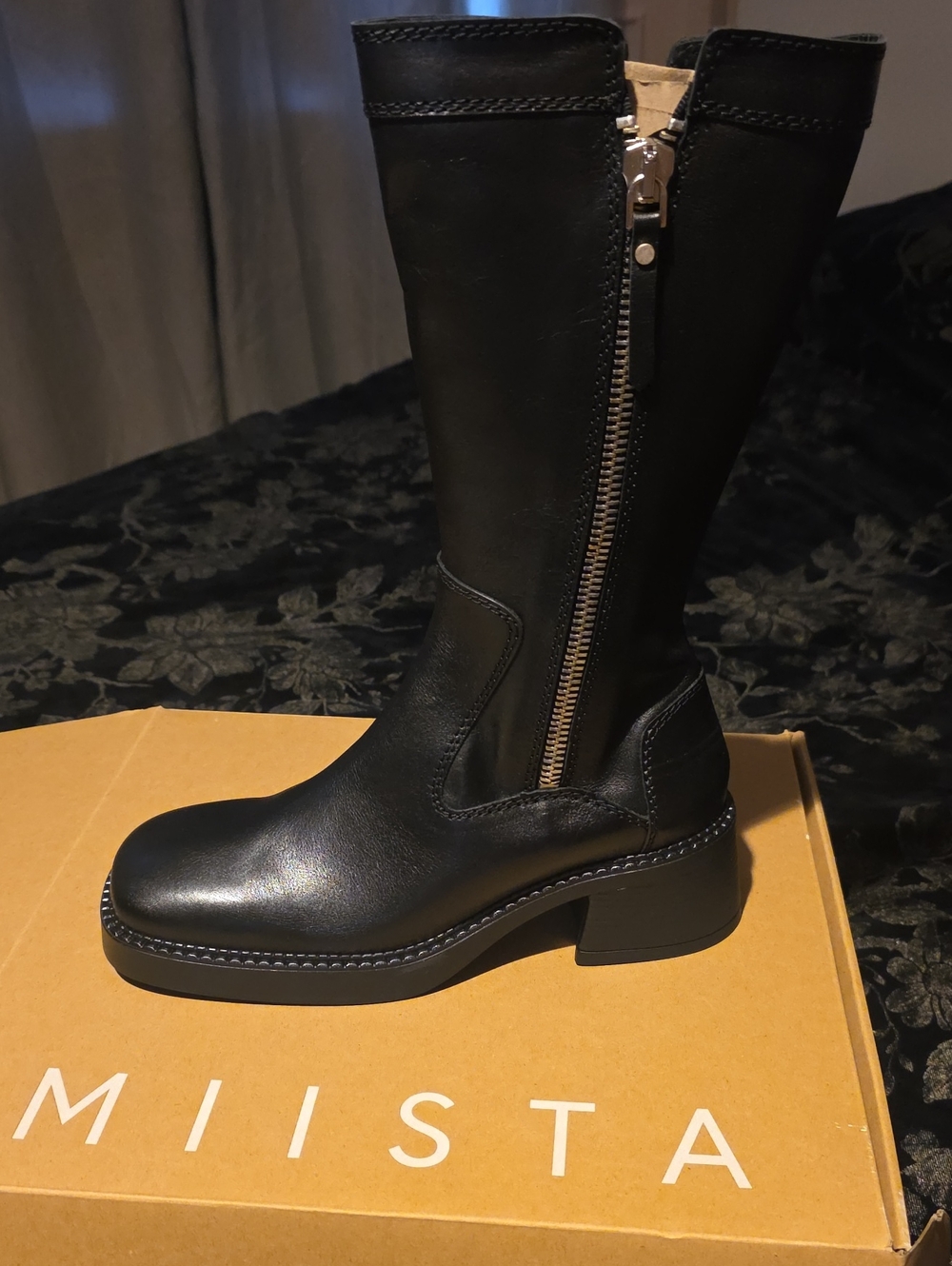 Miista Black Leather Mid-Calf Zip Heeled Boot - Picture 1 of 4